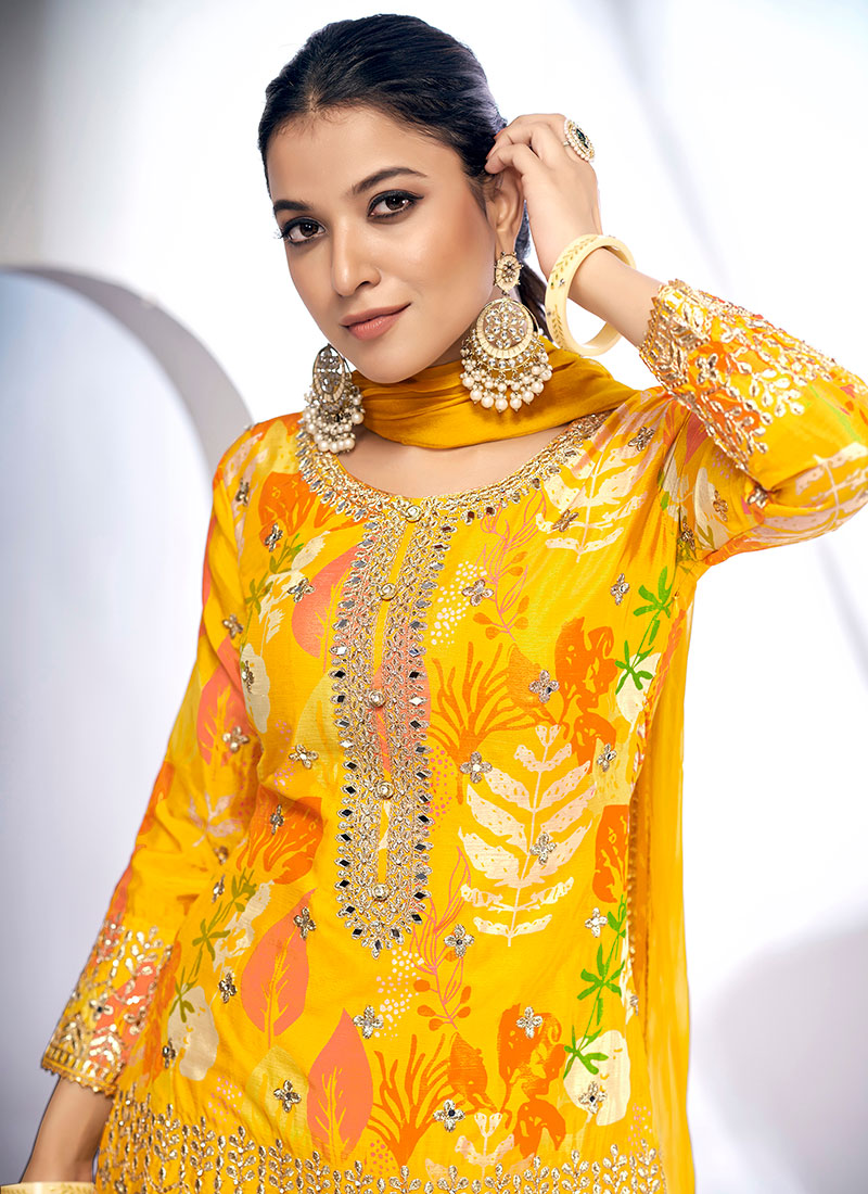 Yellow Golden Mirror Work Embroidery Gharara Suit