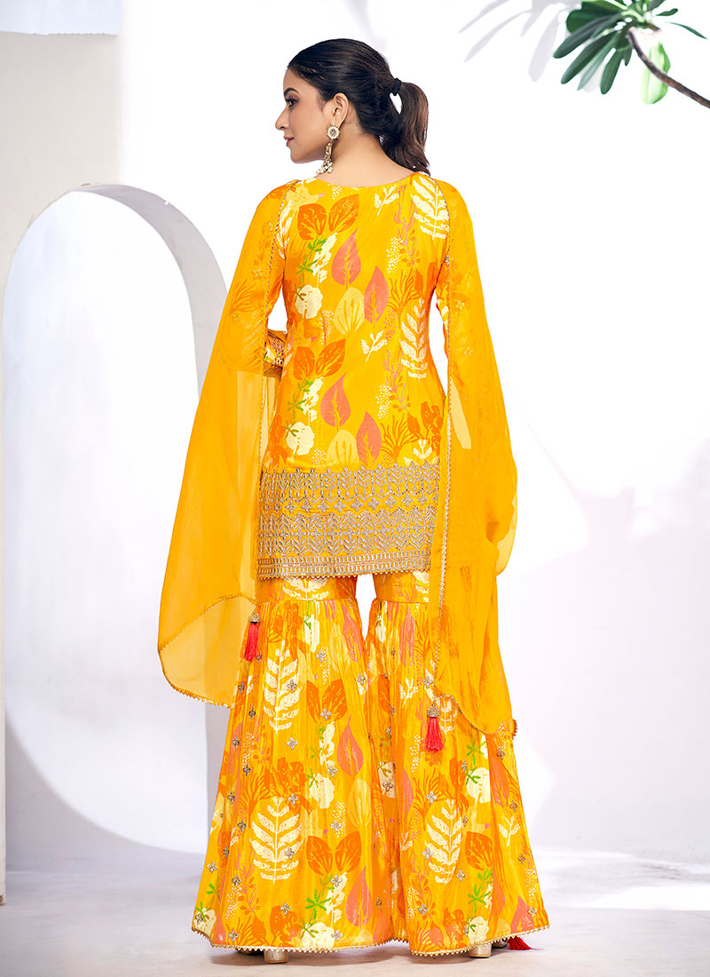 Yellow Golden Mirror Work Embroidery Gharara Suit