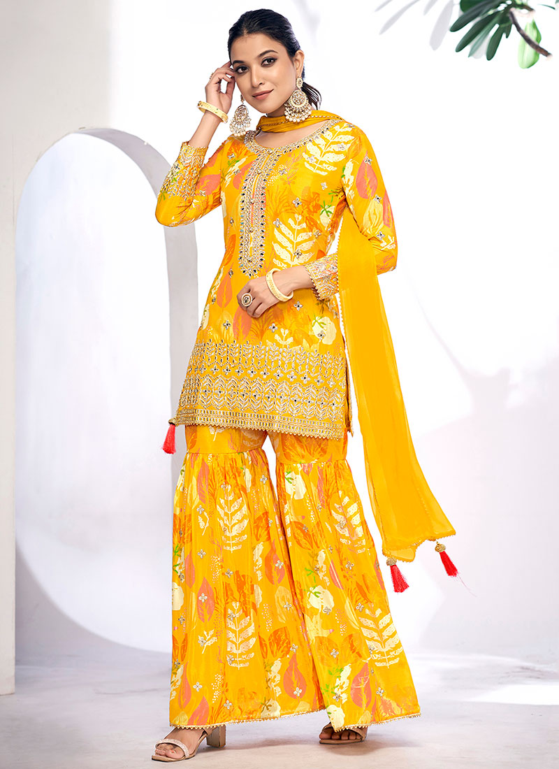 Yellow Golden Mirror Work Embroidery Gharara Suit