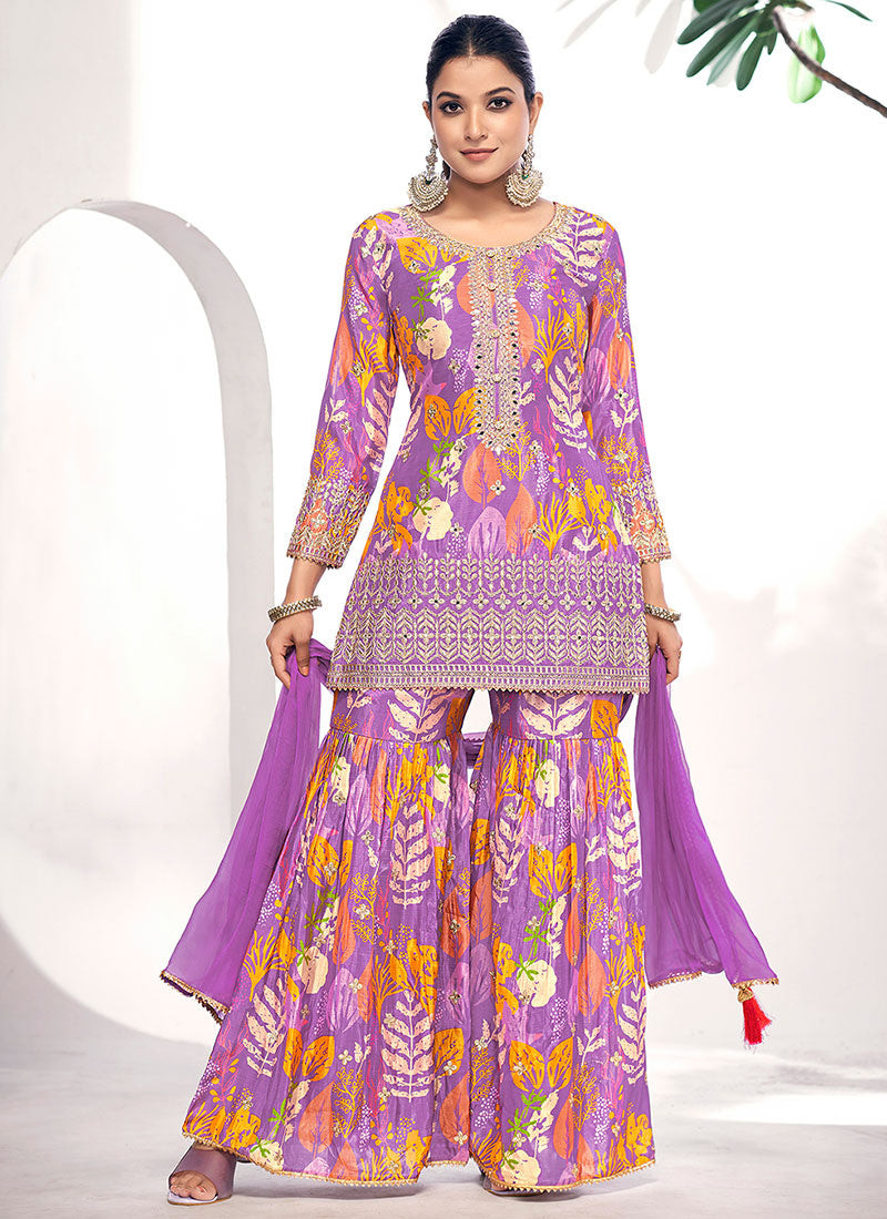 Purple Golden Mirror Work Embroidery Gharara Suit