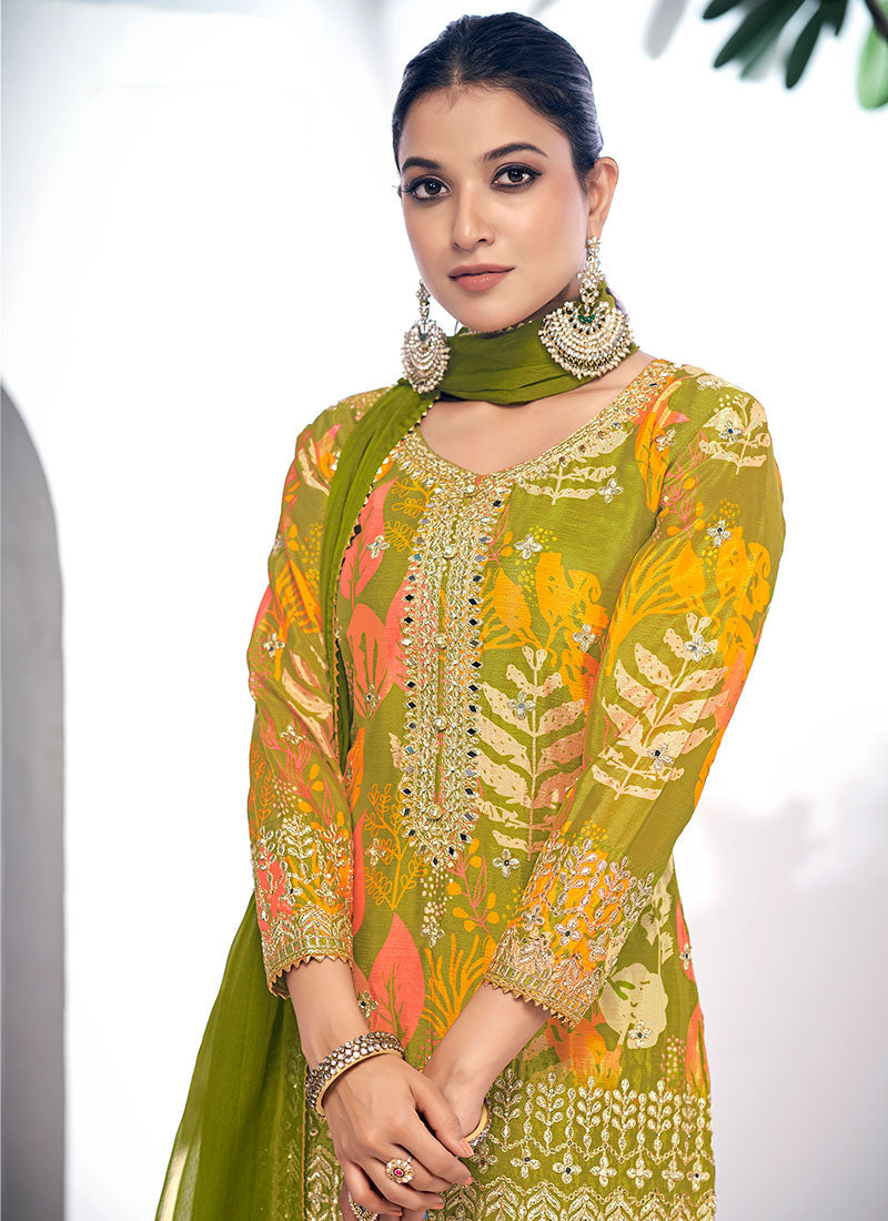 Green Golden Mirror Work Embroidery Gharara Suit