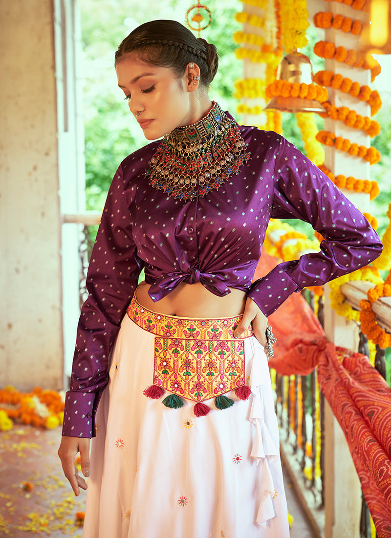 White And Purple Embroidered Traditional Lehenga Choli For Navratri