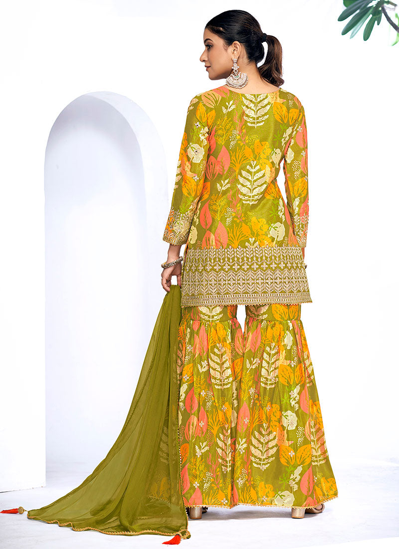 Green Golden Mirror Work Embroidery Gharara Suit