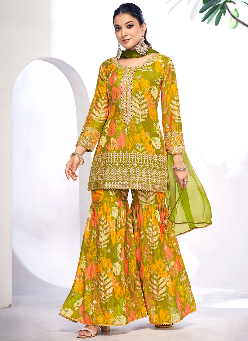 Green Golden Mirror Work Embroidery Gharara Suit