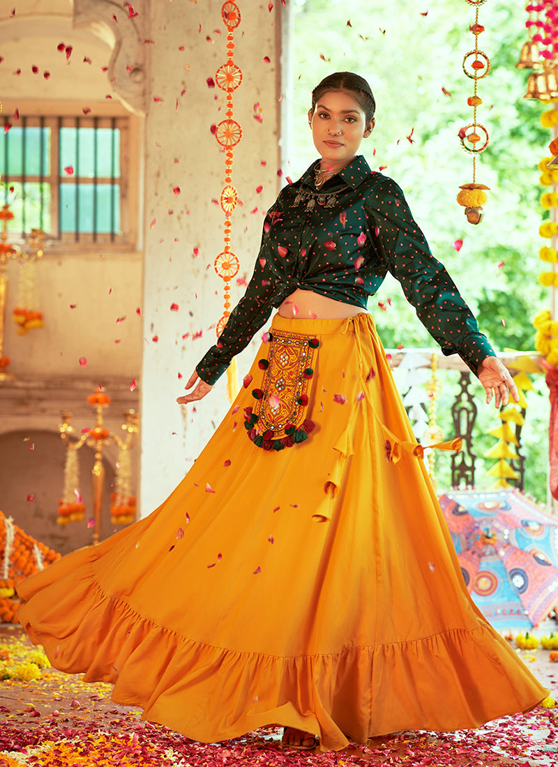 Yellow And Green Embroidered Traditional Lehenga Choli For Navratri