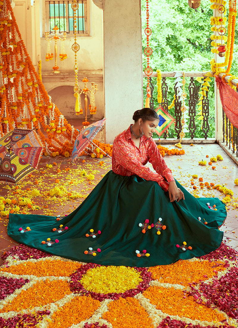 Red And Green Embroidered Traditional Lehenga Choli For Navratri