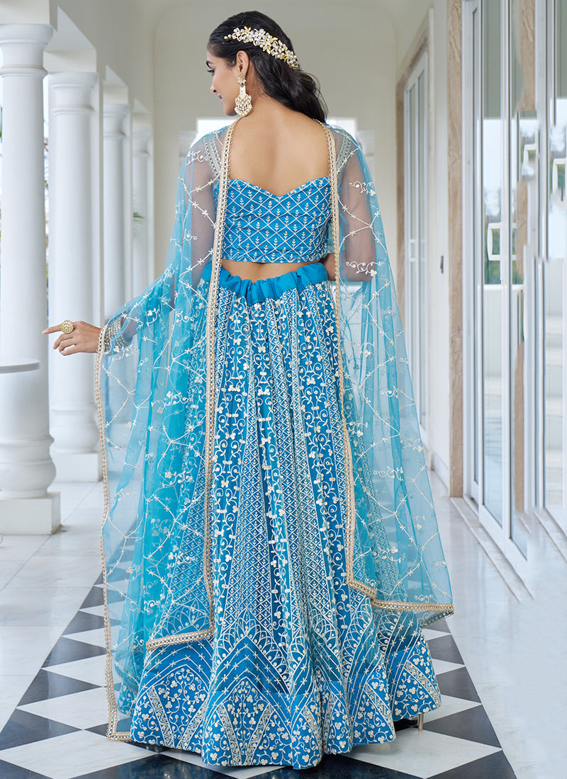 Sky Blue Embroidery Wedding Lehenga Choli