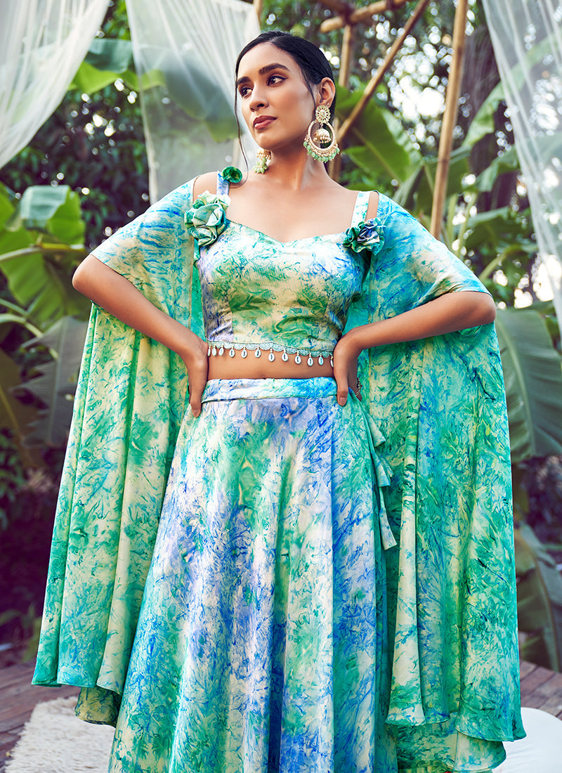 Blue Green Digital Printed Silk Lehenga Choli