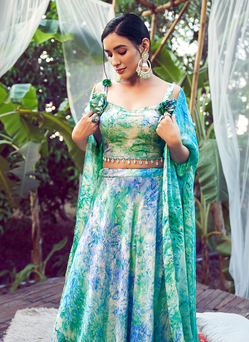 Blue Green Digital Printed Silk Lehenga Choli