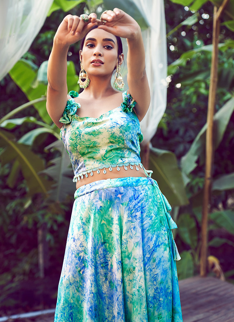 Blue Green Digital Printed Silk Lehenga Choli