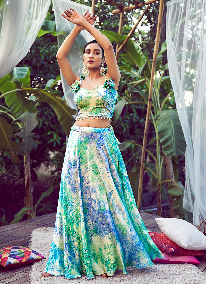 Blue Green Digital Printed Silk Lehenga Choli