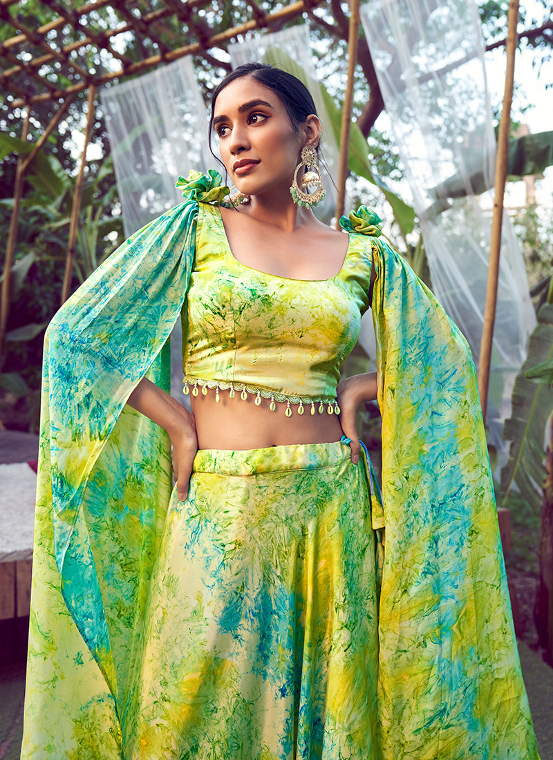 Yellow Green Digital Printed Silk Lehenga Choli