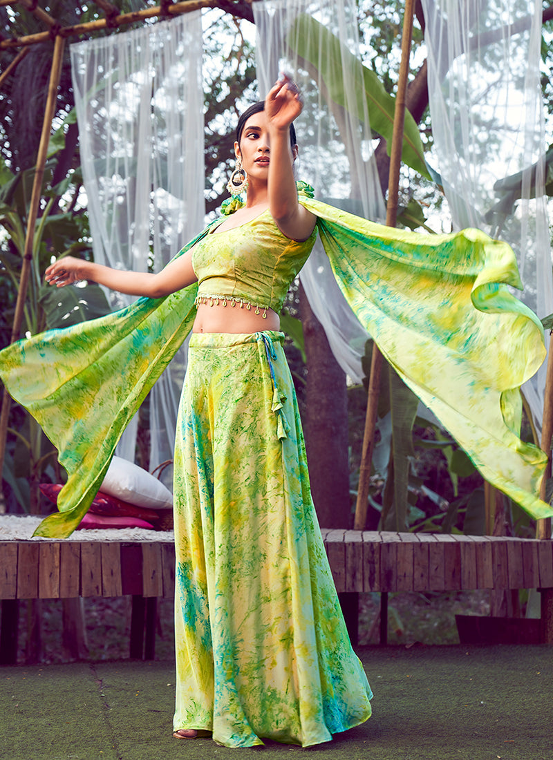 Yellow Green Digital Printed Silk Lehenga Choli