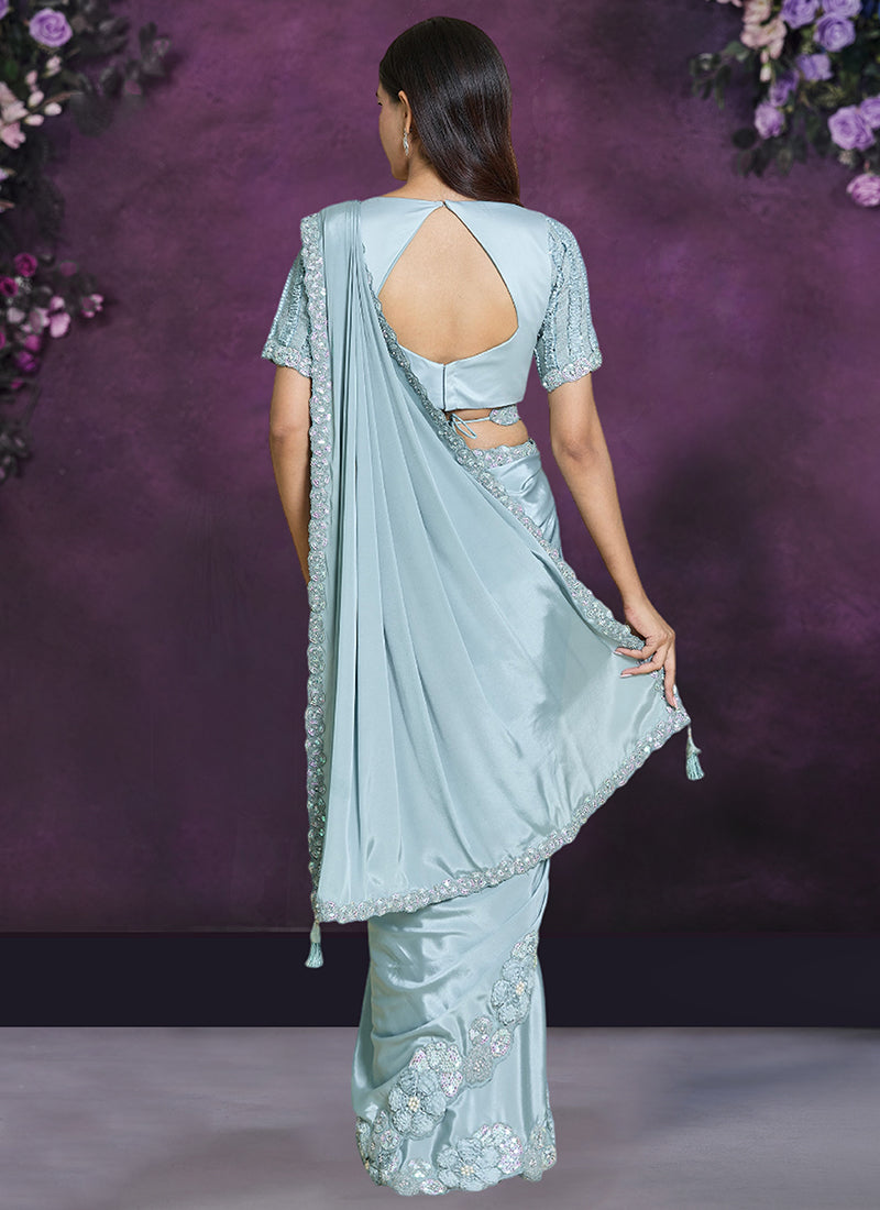 Sky Blue Sequence And Appliqué Embroidery Wedding Saree