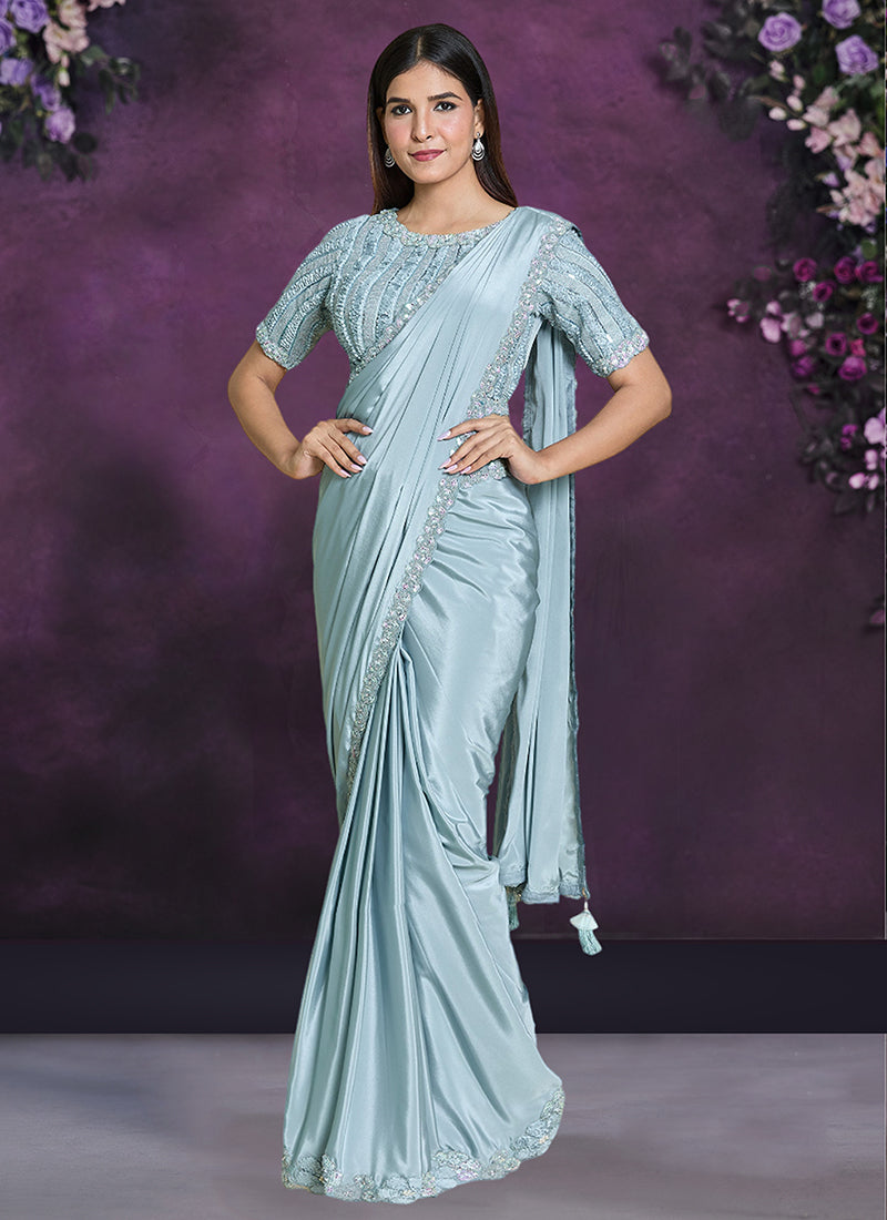 Sky Blue Sequence And Appliqué Embroidery Wedding Saree