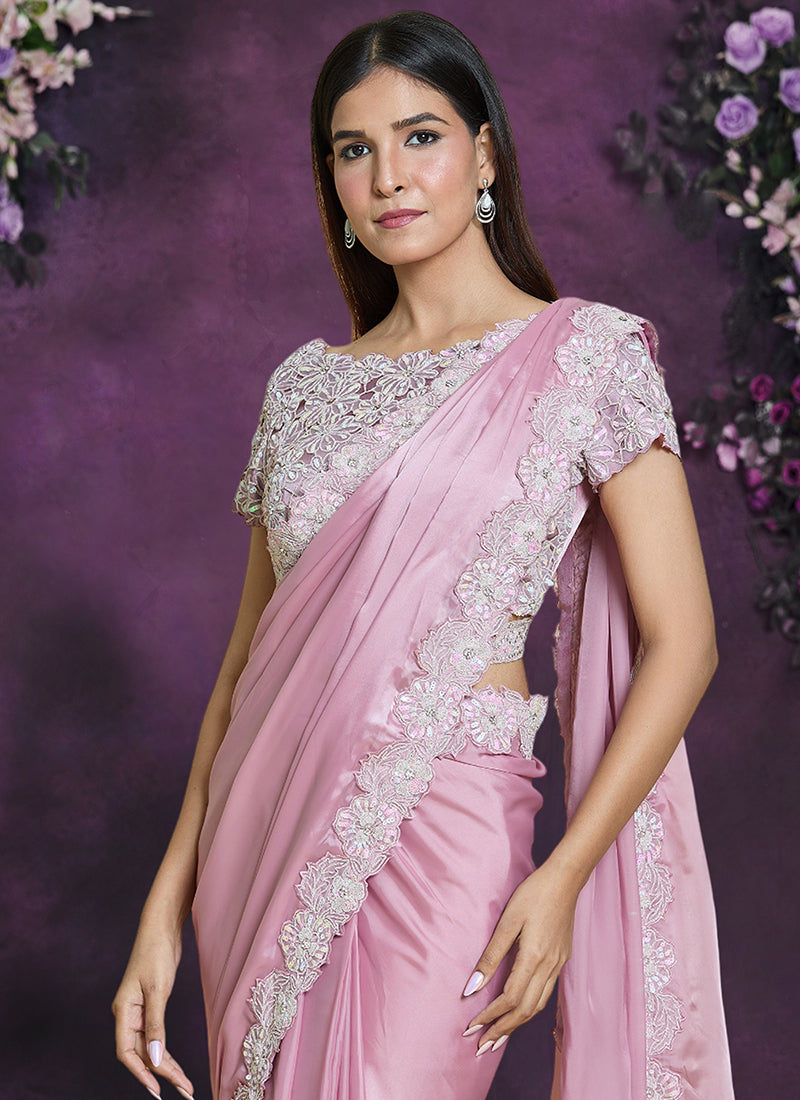 Pink Sequence And Appliqué Embroidery Wedding Saree