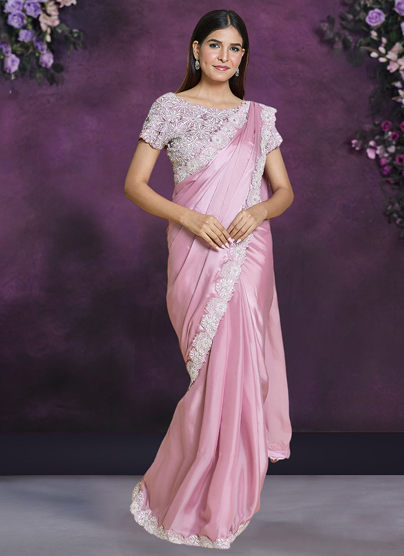 Pink Sequence And Appliqué Embroidery Wedding Saree