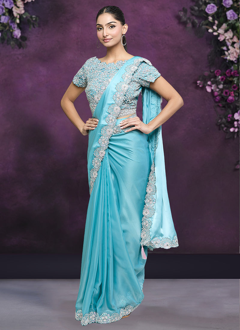 Blue Sequence And Appliqué Embroidery Wedding Saree