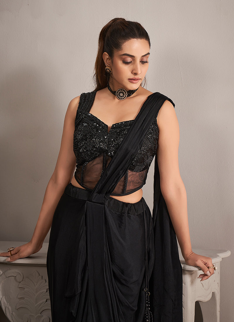 Black Chinnon Saree with Handwork Embellished Blouse