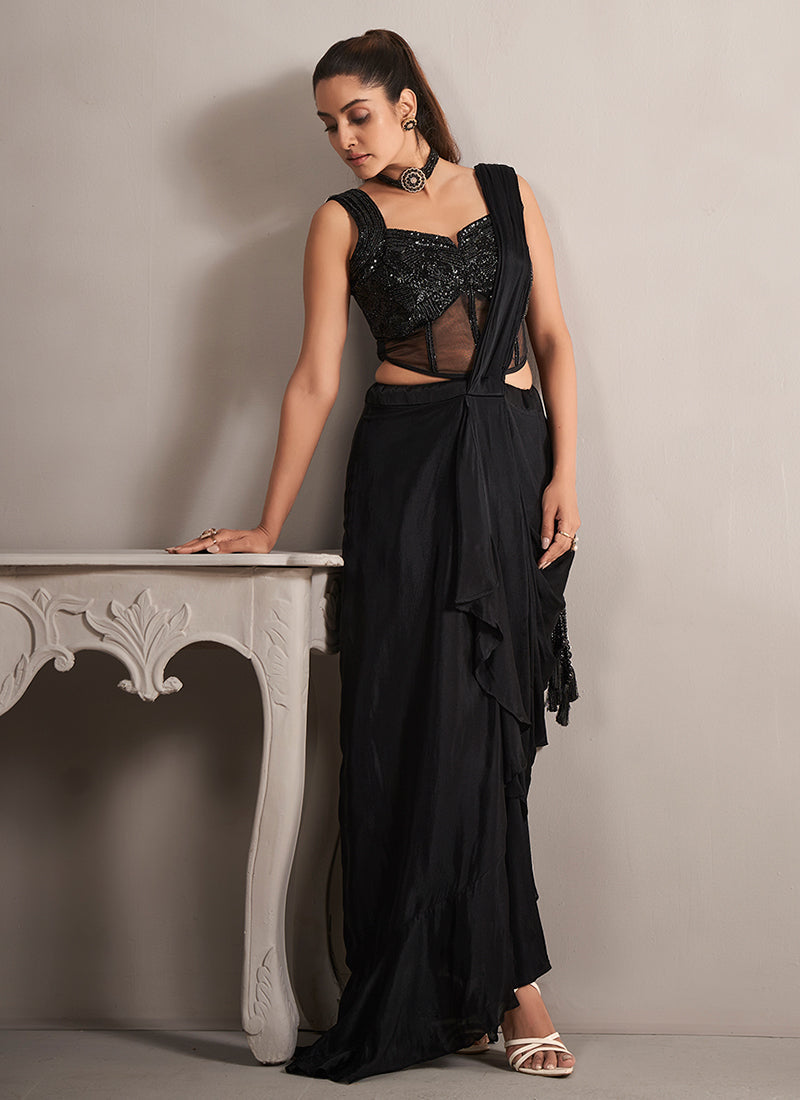 Black Chinnon Saree with Handwork Embellished Blouse