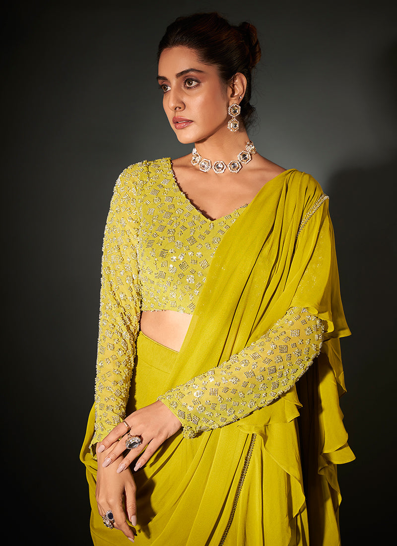 Lemon Yellow Georgette Saree with Bead and Sequence Detail