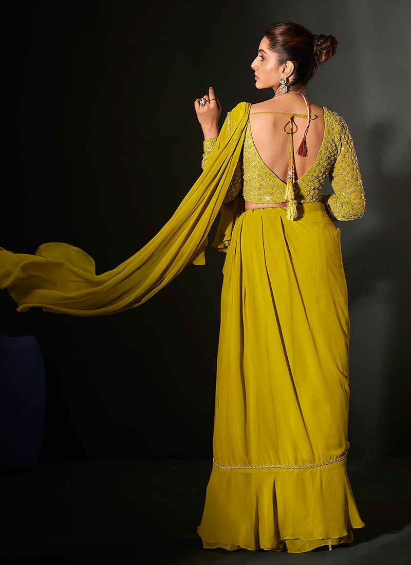 Lemon Yellow Georgette Saree with Bead and Sequence Detail