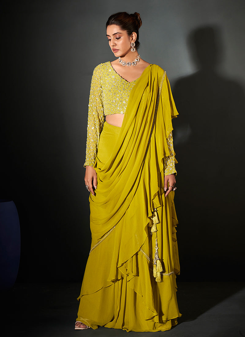 Lemon Yellow Georgette Saree with Bead and Sequence Detail