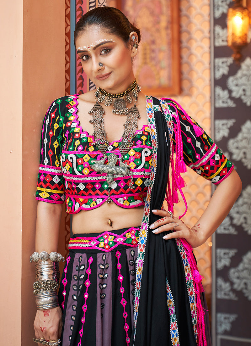 Black And Purple Multi Kutchi Embroidered Navratri Chaniya Choli