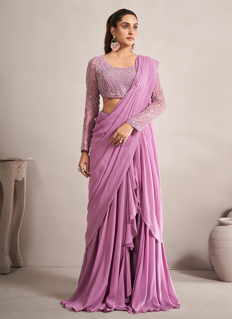 Purple Handwork Embroidery Designer Georgette Saree