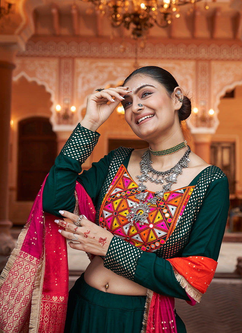 Green Multi Kutchi Embroidered Navratri Chaniya Choli