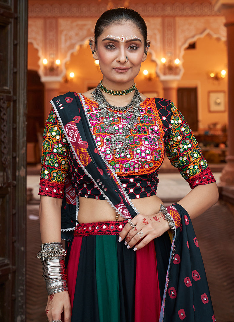 Black Multicoloured Kutchi Embroidered Navratri Chaniya Choli