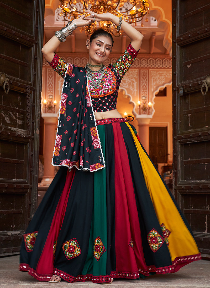 Black Multicoloured Kutchi Embroidered Navratri Chaniya Choli