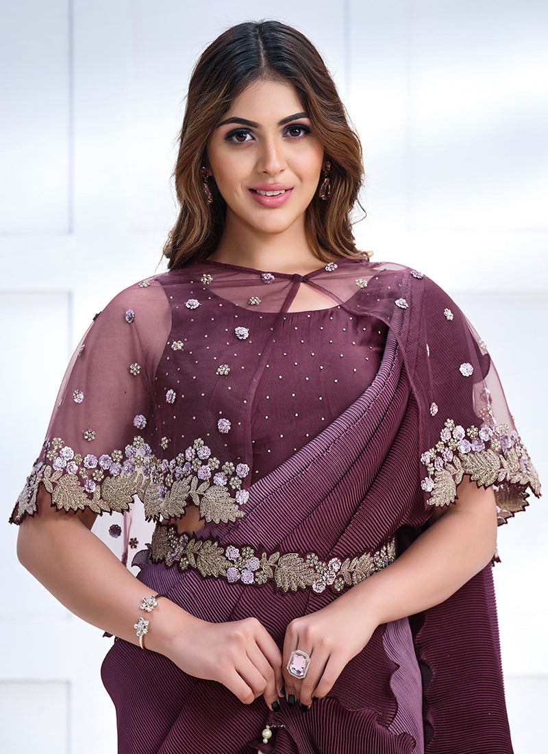 Wine Embroidery Wedding Silk Saree With Cape