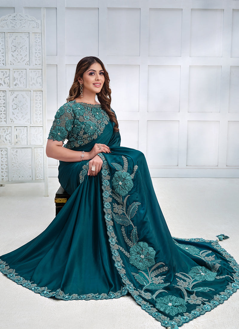 Turquoise Sequence Embroidery Wedding Silk Saree