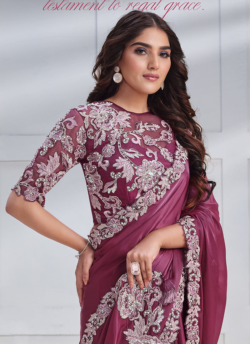 Burgundy Sequence Embroidery Wedding Silk Saree