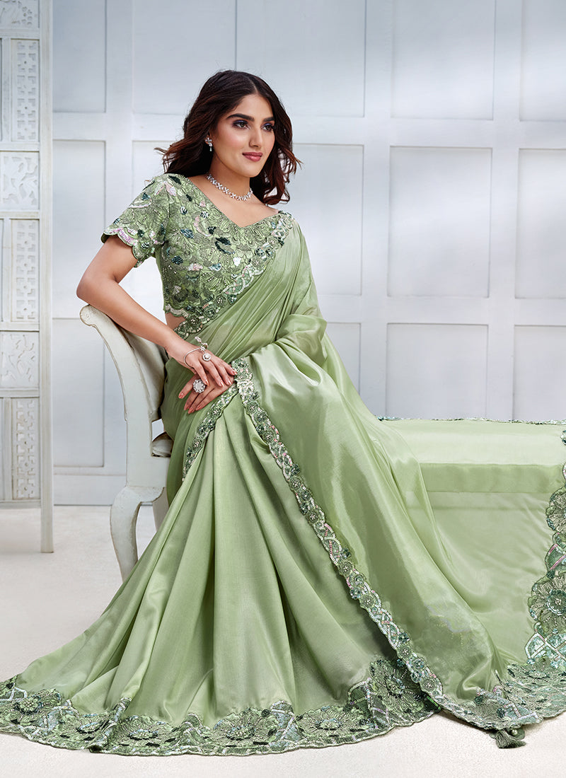 Light Green Sequence Embroidery Wedding Silk Saree