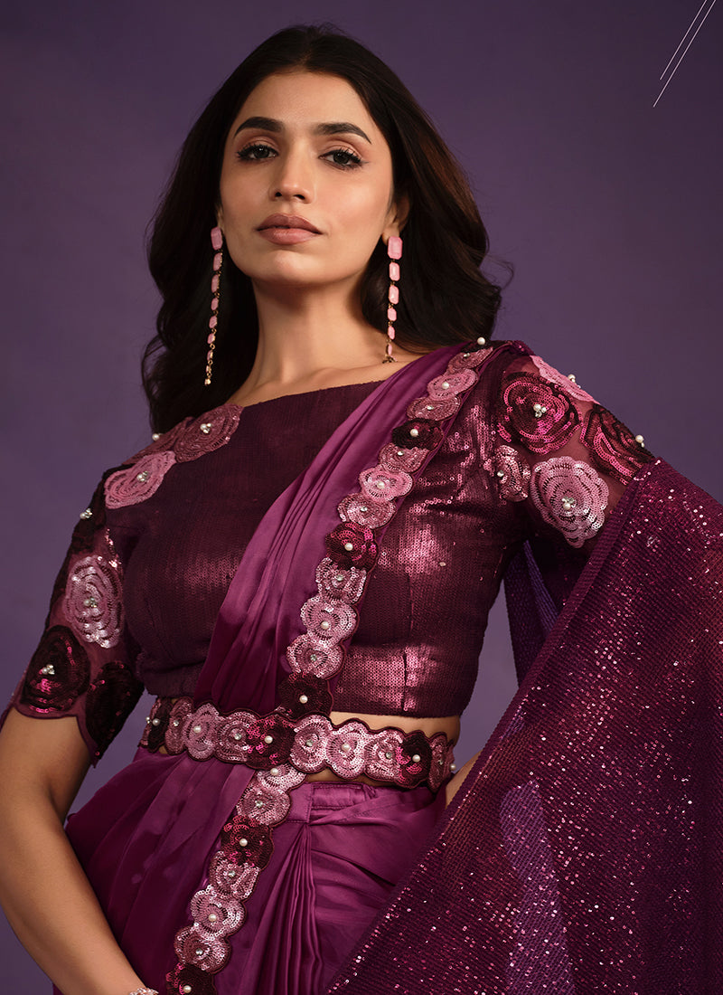 Wine Sequence Embroidery Wedding Silk Saree