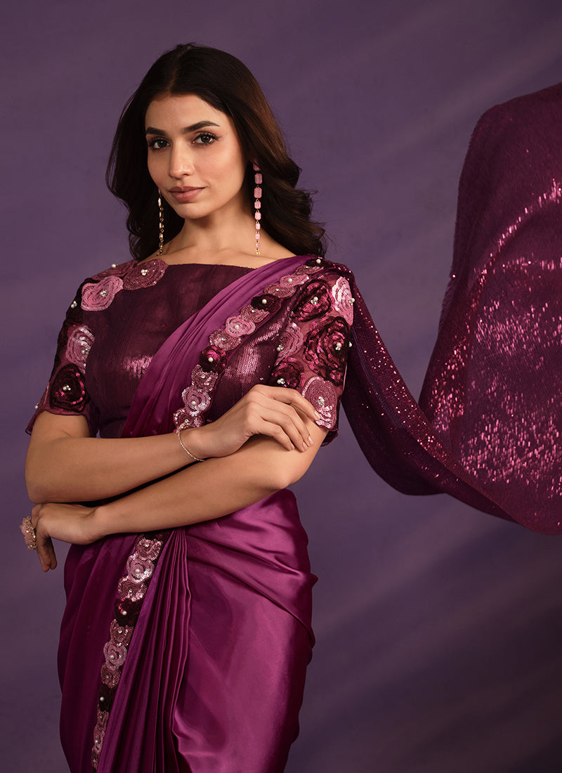 Wine Sequence Embroidery Wedding Silk Saree