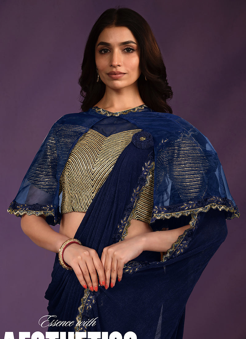 Blue Golden Handwork Embroidery Wedding Saree With Cape