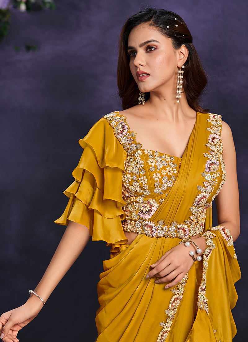 Yellow Embroidered Ready To Wear Wedding Saree