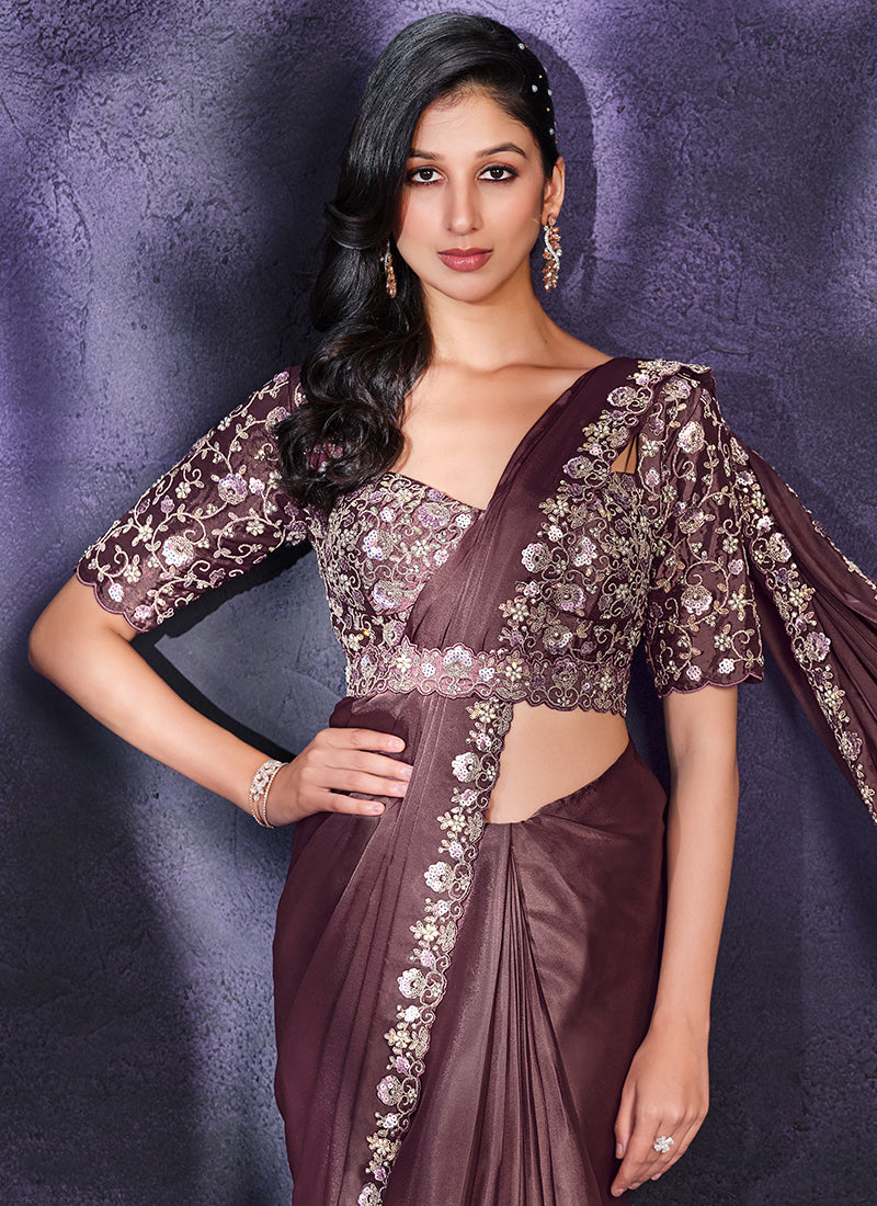 Burgundy Embroidered Ready To Wear Wedding Saree