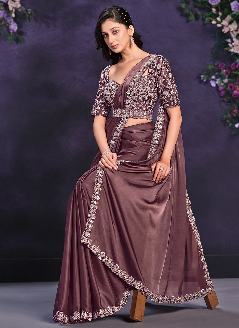 Burgundy Embroidered Ready To Wear Wedding Saree