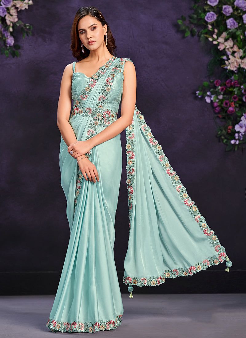 Aqua Blue Embroidered Ready To Wear Wedding Saree