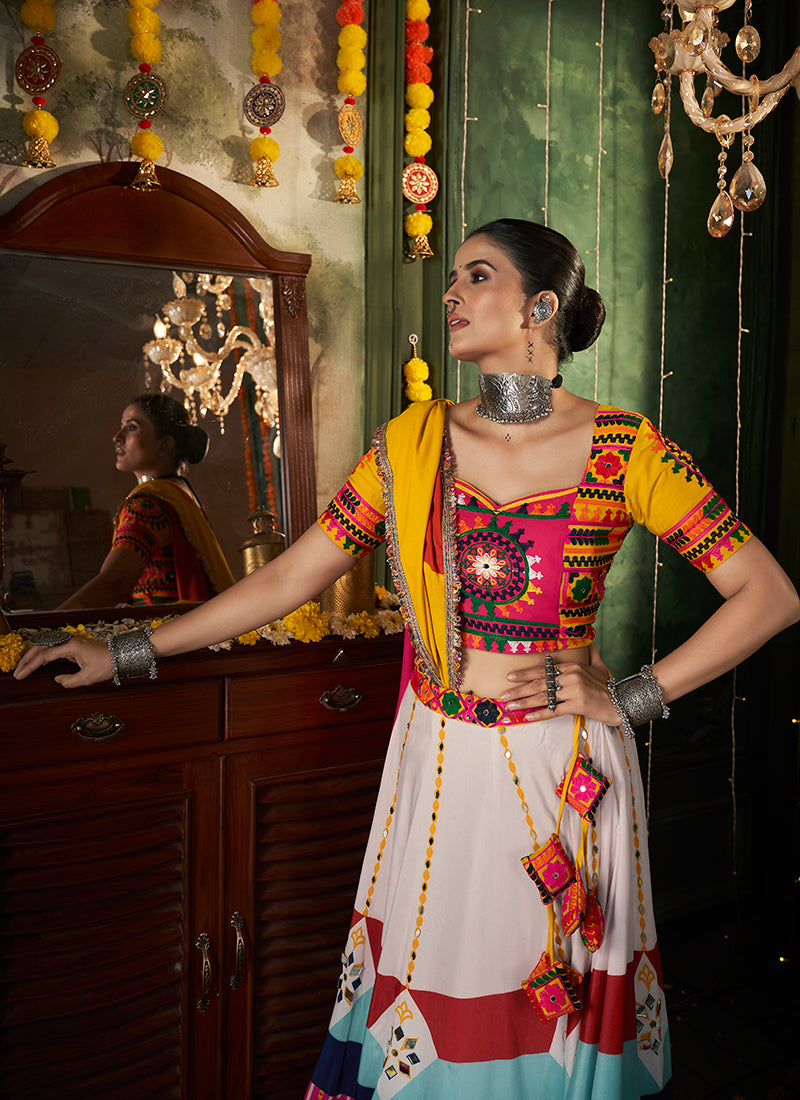 White Multicolored Kutchi Embroidered Rajwadi Chaniya Choli