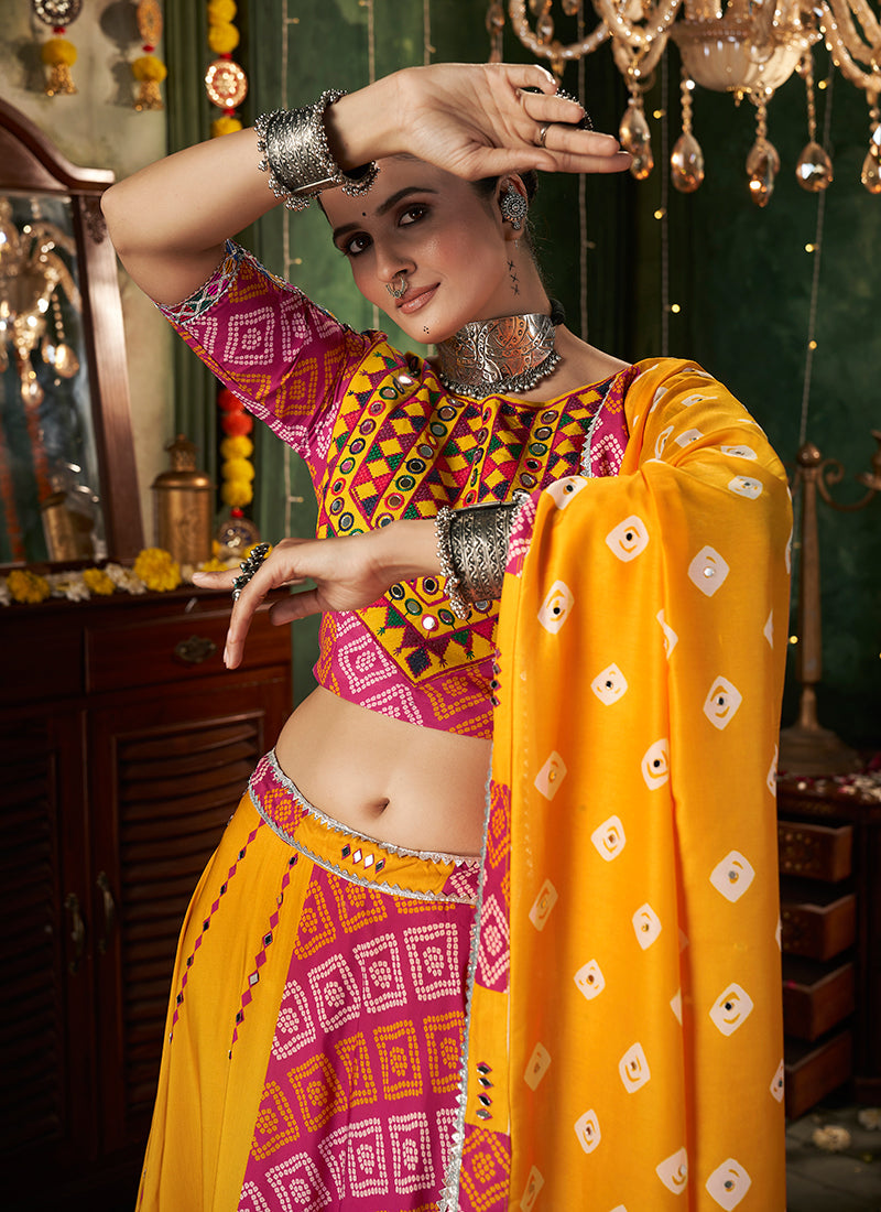 Yellow And Pink Kutchi Embroidered Rajwadi Chaniya Choli