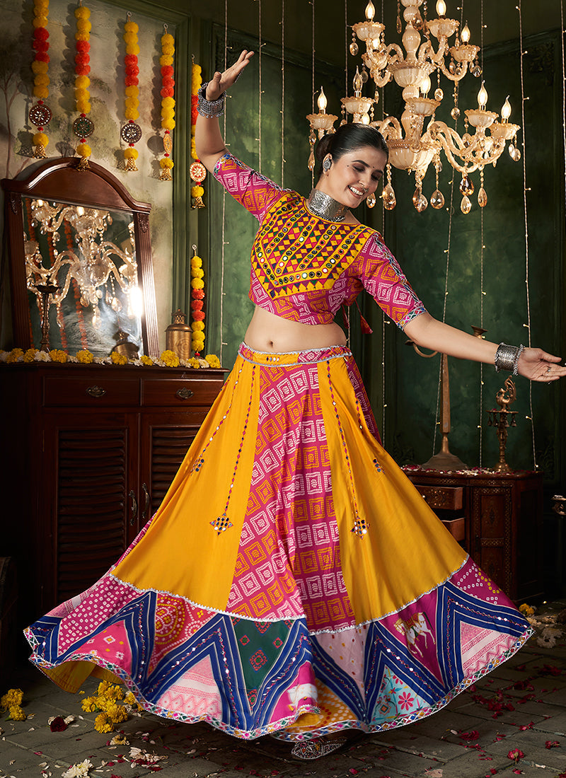 Yellow And Pink Kutchi Embroidered Rajwadi Chaniya Choli