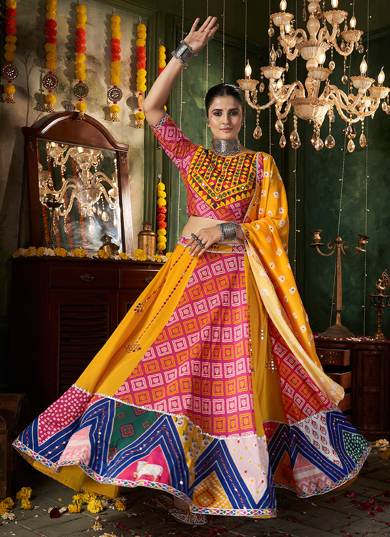 Yellow And Pink Kutchi Embroidered Rajwadi Chaniya Choli