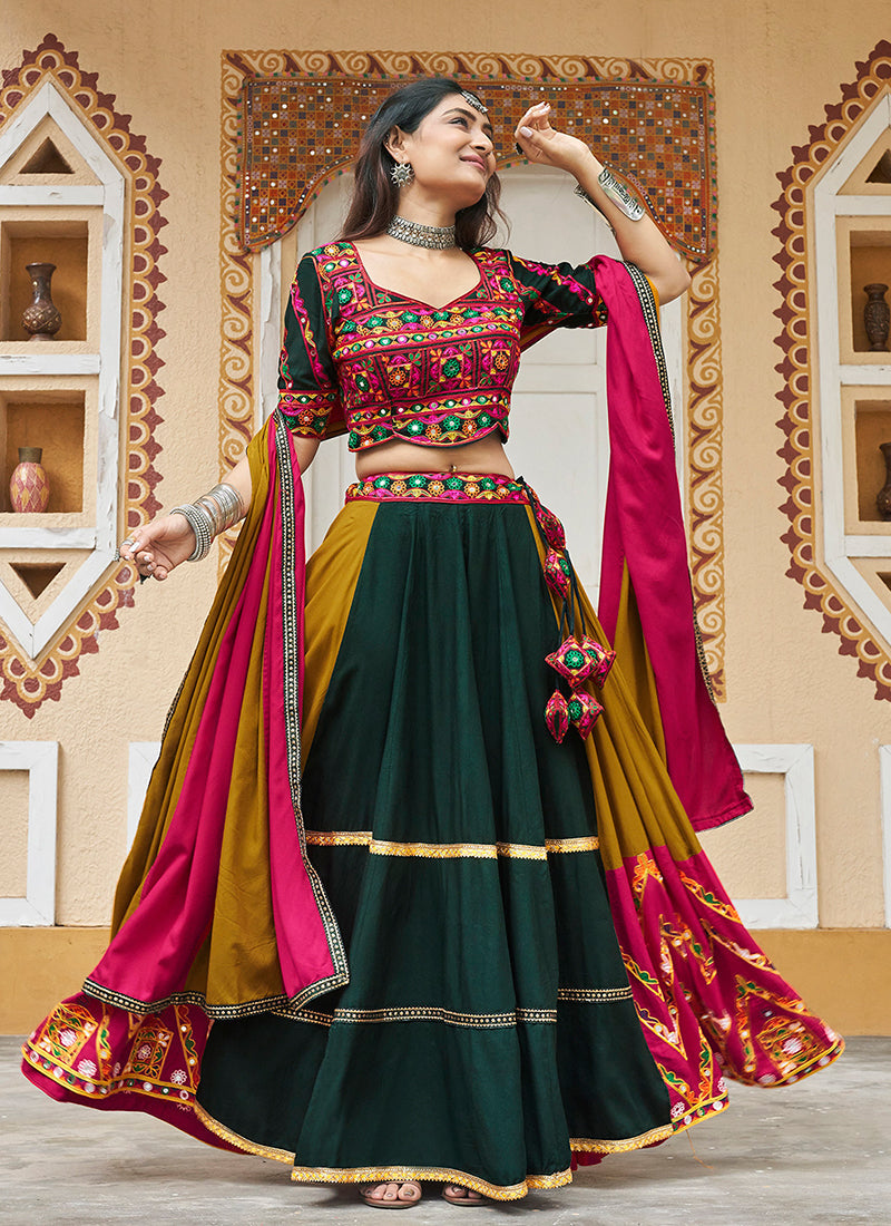 Magenta And Green Kutchi Embroidered Navratri Chaniya Choli