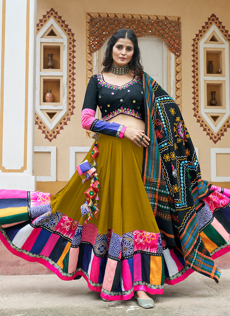 Black And Olive Kutchi Embroidered Navratri Chaniya Choli