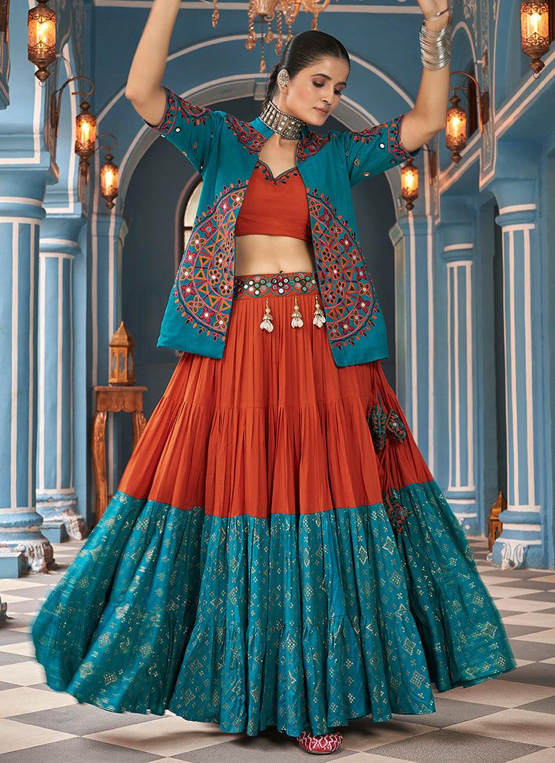 jacket style chaniya choli - teal and red jacket style chaniya choli - chaniya choli with jacket style